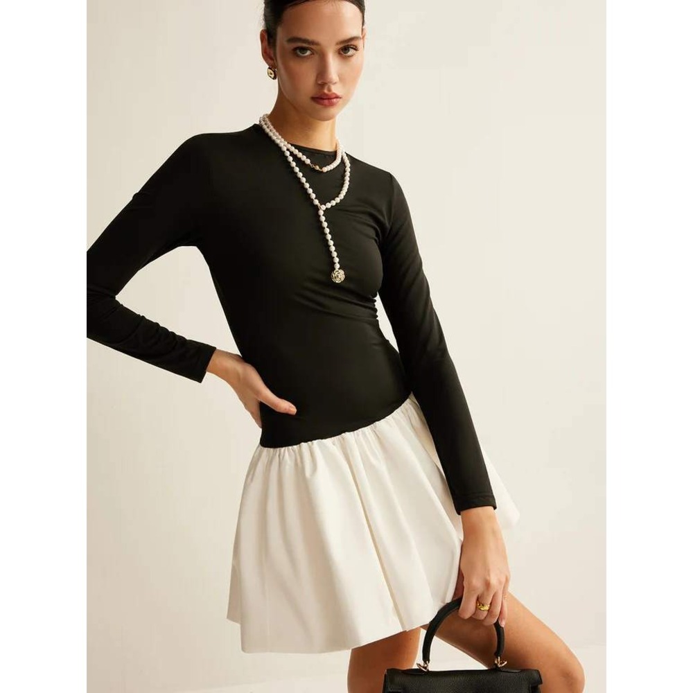 Commense‎ Black Long Sleeve Mini Dress White Skirt Party Cocktail Dress Size S - Picture 4 of 13